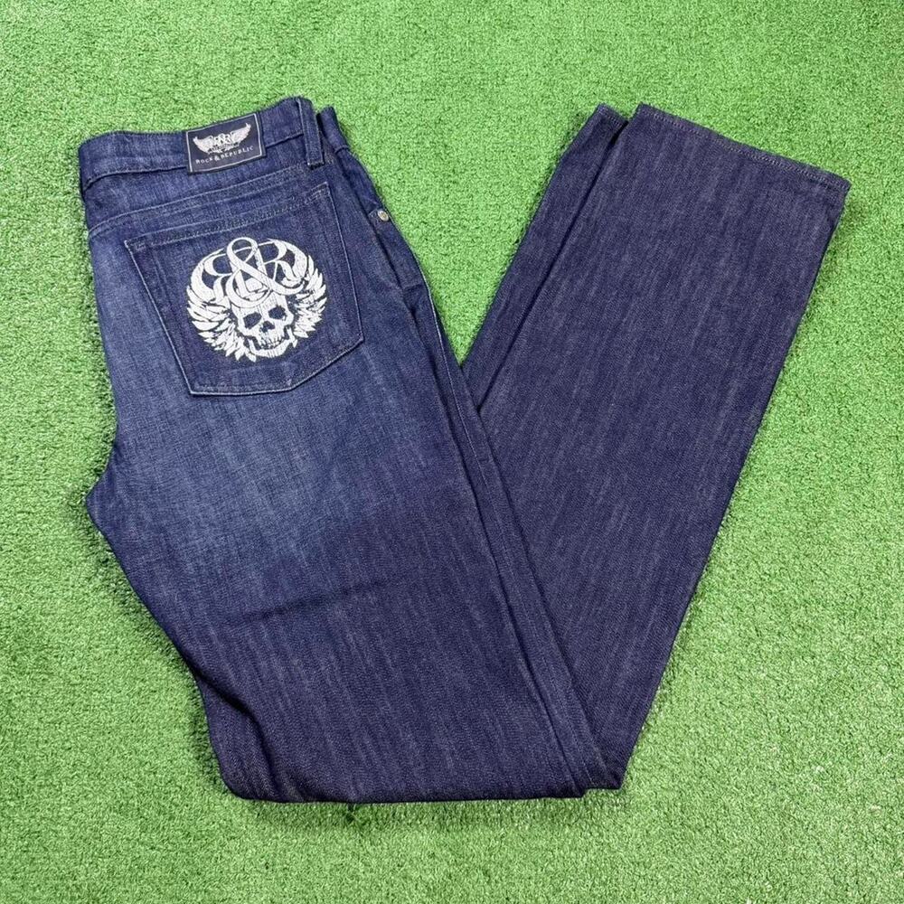 Rock & Republic Skull Logo Denim Jeans Dark Wash Straight Y2K Distressed Fit